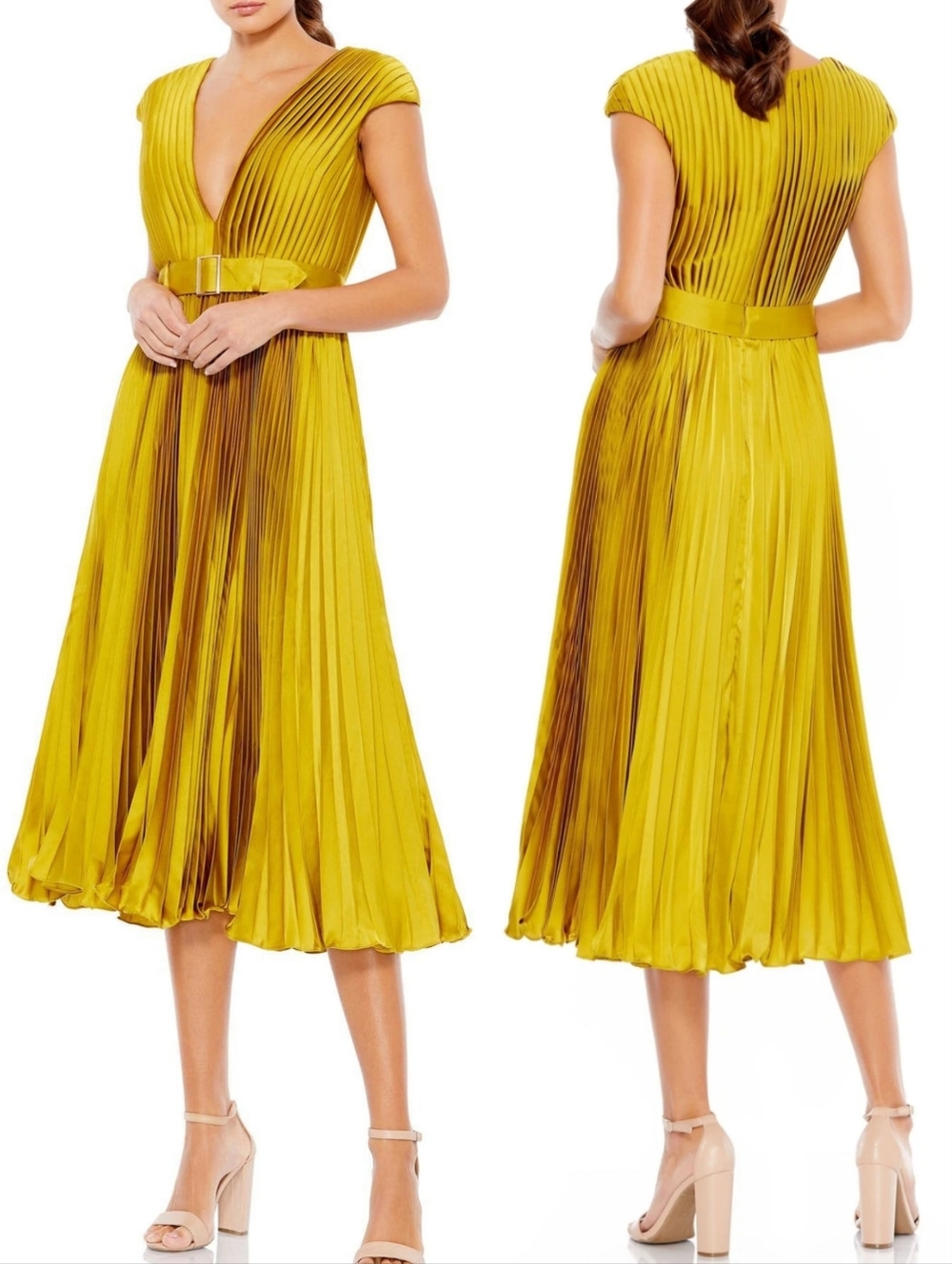 Ieena Mac Duggal 26483 Metallic Chartreuse Gold Pleated Belted Midi Dress 8 NWT